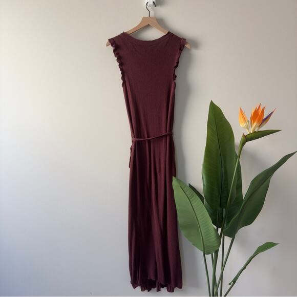 PAIGE Chocolate Wine Sleeveless knit Maxi Dress slit side waist tie bow L - Picture 2 of 12
